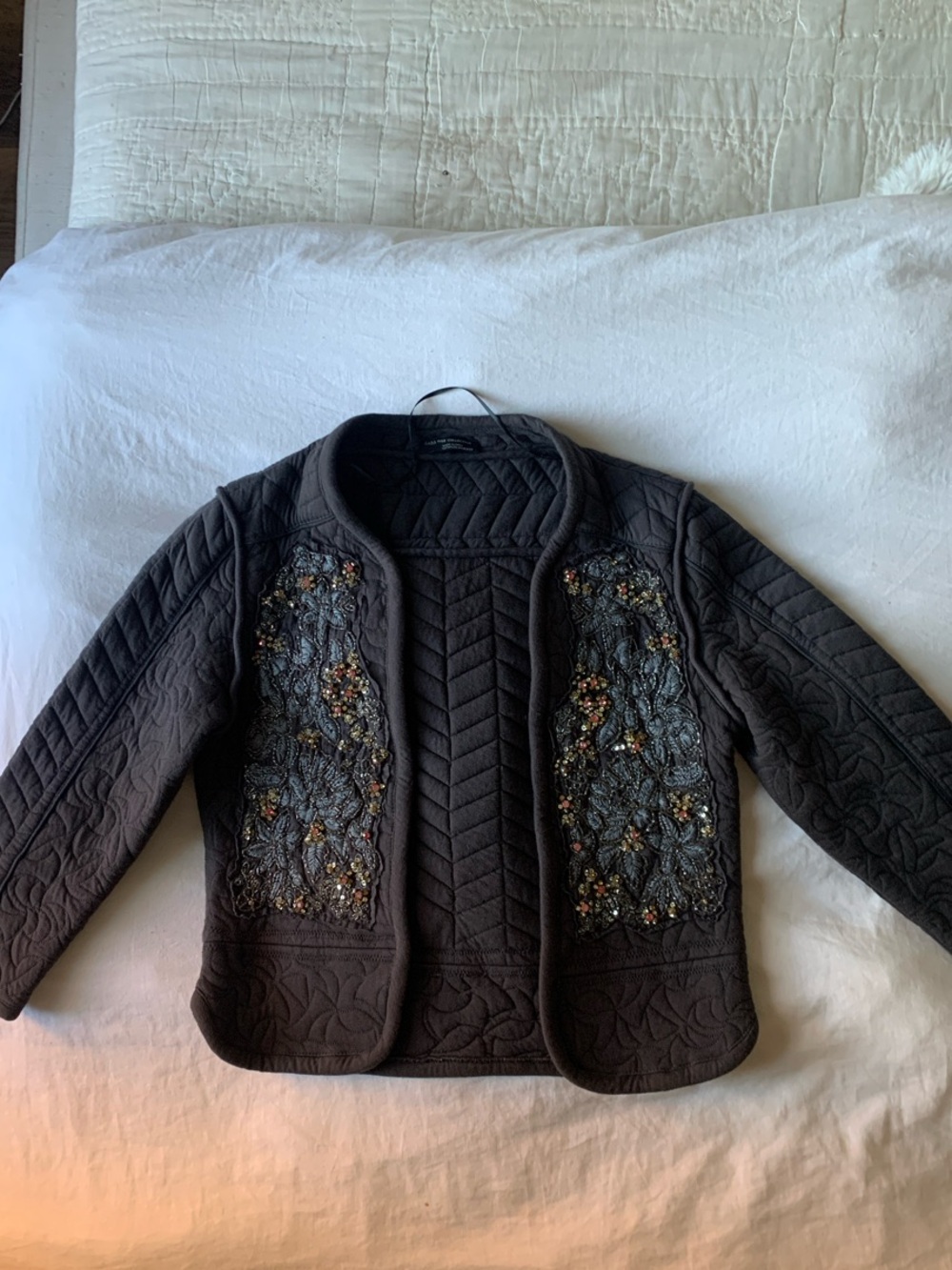 Quilted Embroidered Grey beaded embroidered Jacket with 3/4 -runs small